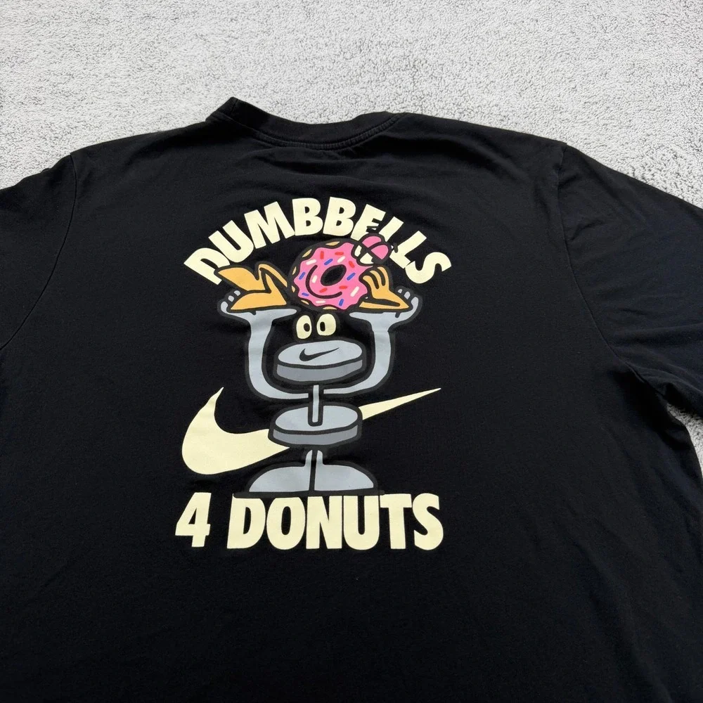 Nike Shirt Men Large Black Graphic Dumbells 4 Donuts Swoosh Gym Crew Dri Fit Tee